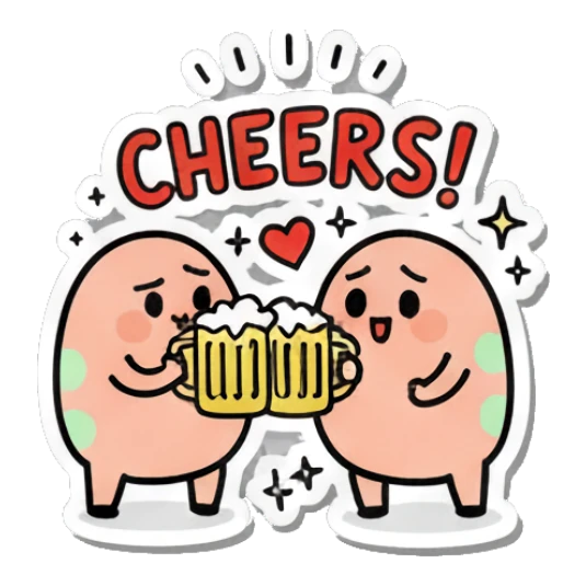 Two eggs cheering with beer mugs and 'CHEERS!' text. Little Egg Emotions sticker for expressive chats and social replies.