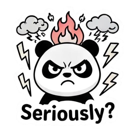 Angry panda with fire on head saying Seriously Keith Haring Style Panda sticker for expressive chats and social replies.