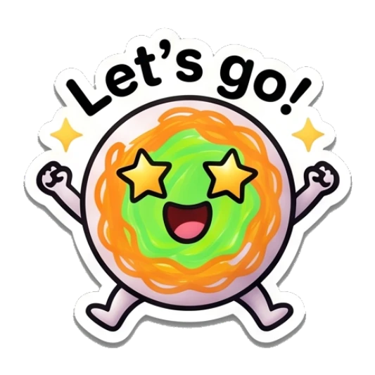 Citrus character jumping with star-shaped eyes and text Let's go! Citrus Buddy Adventures sticker for expressive chats and social replies.