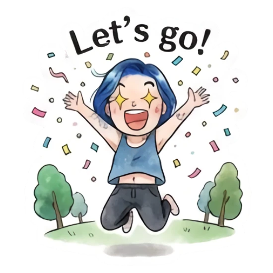 Blue-haired girl jumping with confetti, text 'Let's go!' Blue-Haired Artist Daily sticker for expressive chats and social replies.