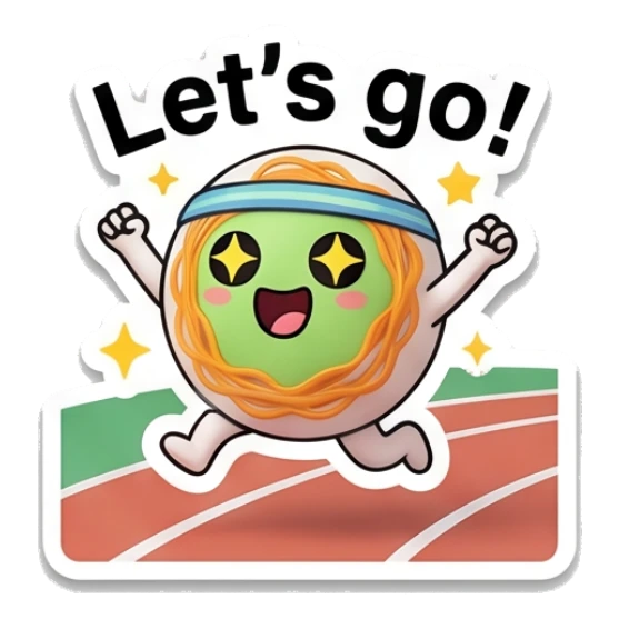 Excited noodle character running on a track with stars in eyes and text Let's go! Gym Noodle Buddies sticker for expressive chats and social replies.