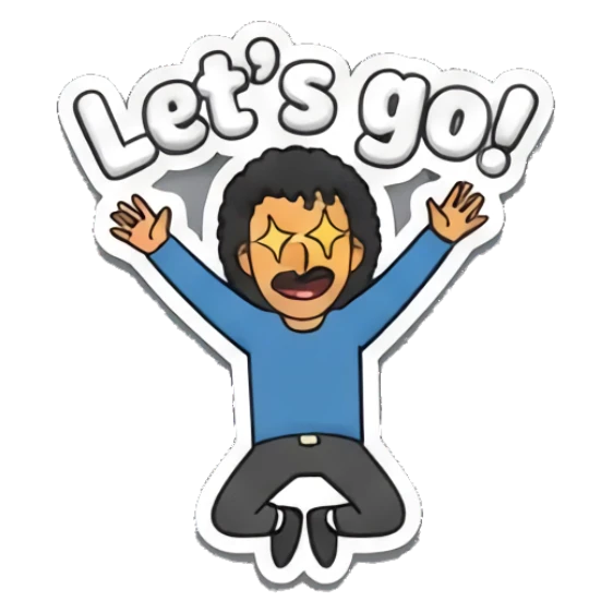 Man jumping with excitement and starry eyes with text Let's go! Curly Hair Guy Adventures sticker for expressive chats and social replies.