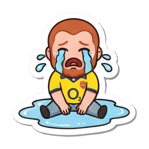 Red-bearded man sitting and crying a puddle of tears. Red-Bearded Football Fan sticker for expressive chats and social replies.