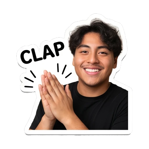 Young man clapping hands, text 'CLAP' Daily Life of a Cool Guy sticker for expressive chats and social replies.