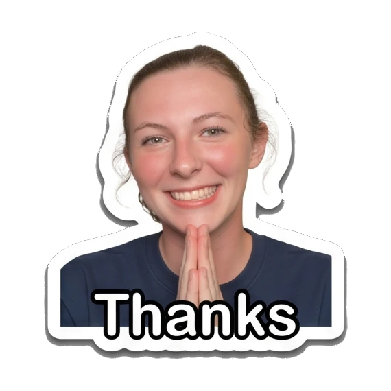 Young woman with hands pressed together in gratitude, text 'Thanks' Daily Life of a Girl sticker for expressive chats and social replies.