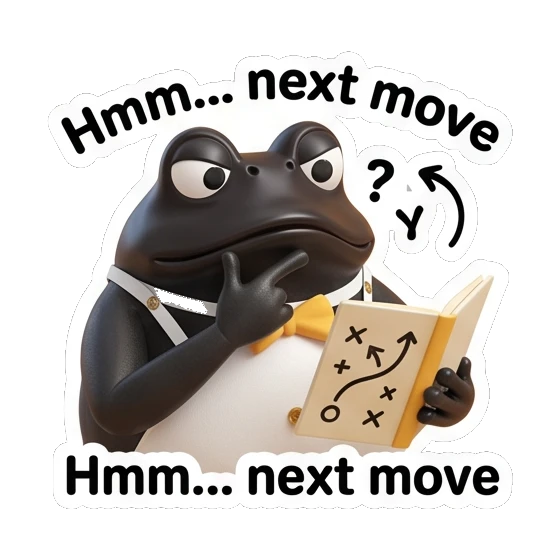 Frog thinking while looking at a strategy book, text Hmm... next move Fancy Frog Sports Club sticker for expressive chats and social replies.