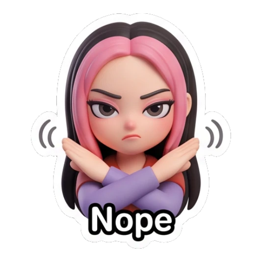 Girl crossing arms in disapproval with text Nope Pink-Haired Trendy Girl sticker for expressive chats and social replies.