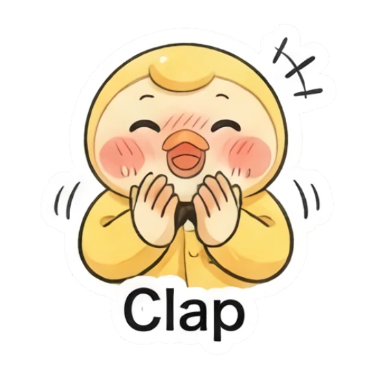 Applauding duckling clapping hands saying Clap. Little Yellow Duckling Moods sticker for expressive chats and social replies.