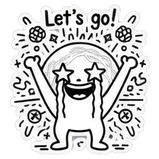 Round doodle character cheering with star eyes and 'Let's go!' text. Doodle Doodle Expressions sticker for expressive chats and social replies.