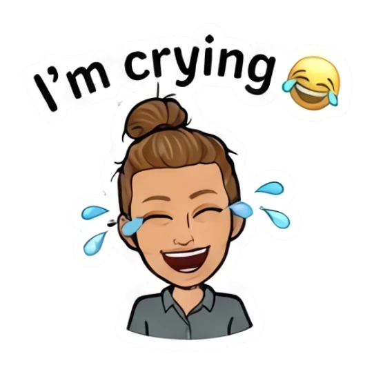 Girl with bun laughing with tears, text I'm crying Daily Moods of a Girl sticker for expressive chats and social replies.