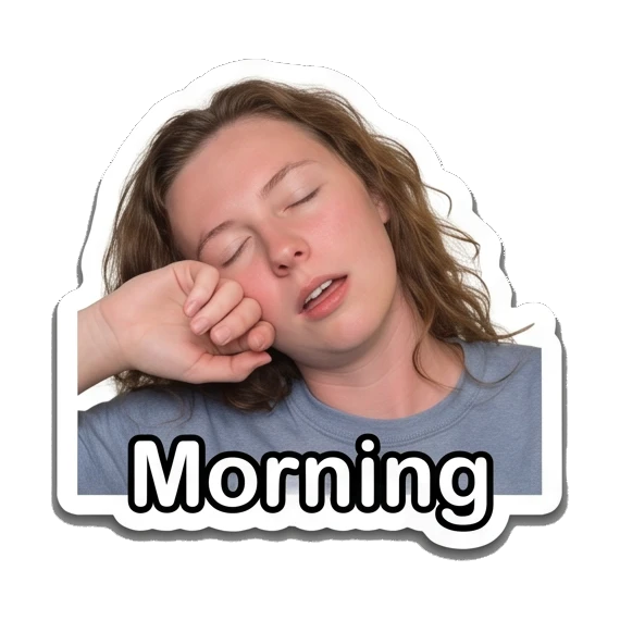 Young woman waking up and stretching, text 'Morning' Daily Life of a Girl sticker for expressive chats and social replies.