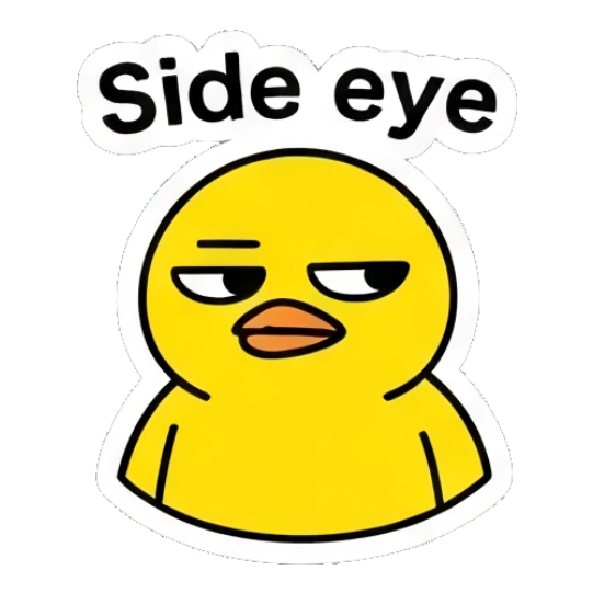 Suspicious yellow duck giving a side eye with text 'Side eye' Keith Haring Style Yellow Duck sticker for expressive chats and social replies.