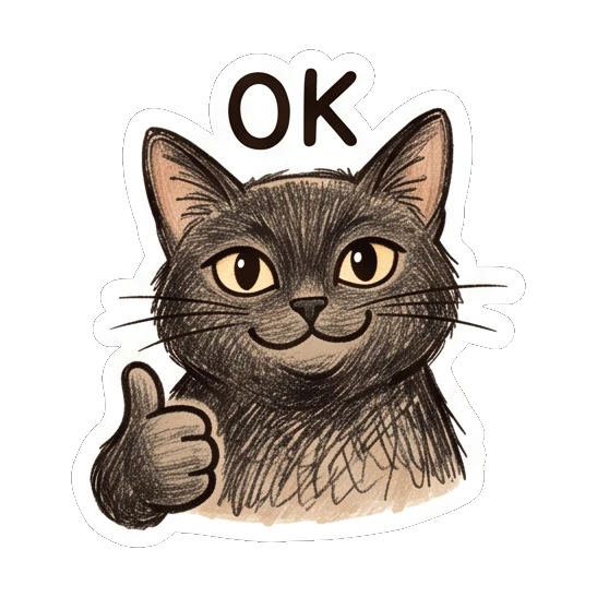 Black cat giving a thumbs up with OK text Charcoal Sketch Kitties sticker for expressive chats and social replies.