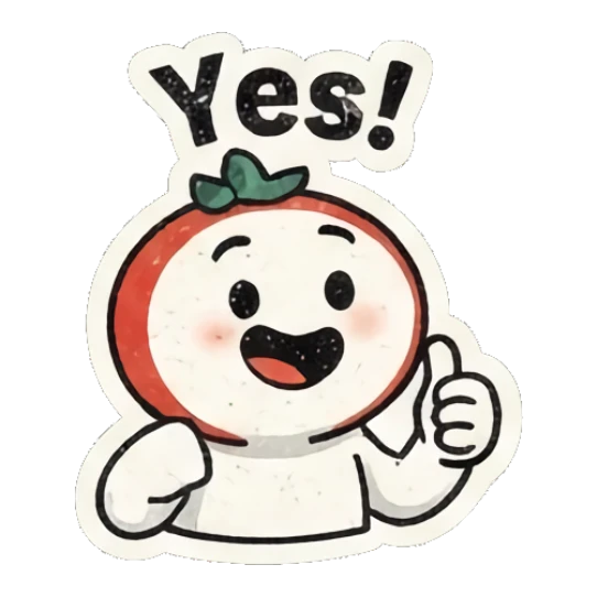 Happy tomato character giving a thumbs up with text Yes! Retro Tomato Moods sticker for expressive chats and social replies.