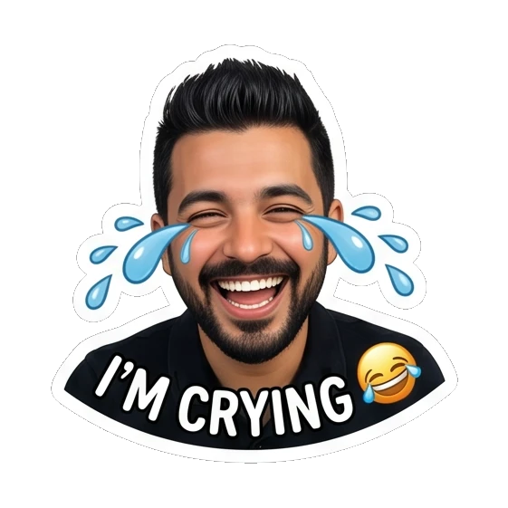 Man crying with tears of joy, text I'M CRYING Modern Man Daily Vibes sticker for expressive chats and social replies.