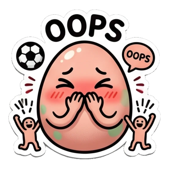 Embarrassed spotted egg covering face, 'Oops' text. Spotted Egg Adventures sticker for expressive chats and social replies.