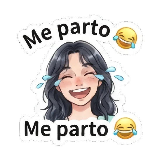 Girl laughing with tears of joy, text 'Me parto' Modern Spanish Girl Expressions sticker for expressive chats and social replies.