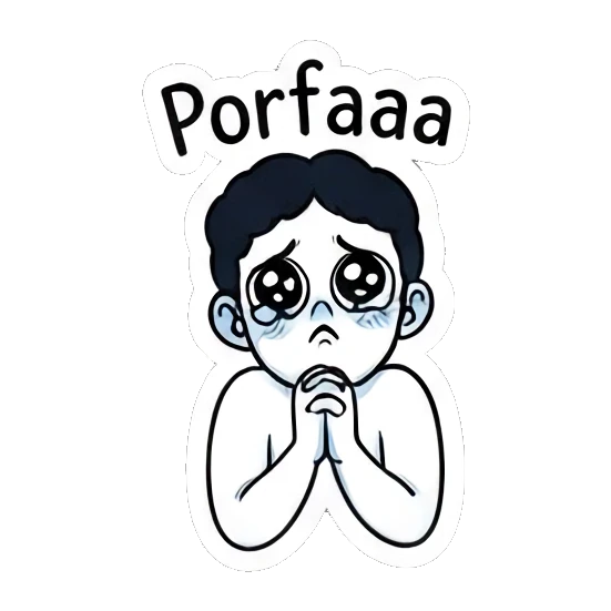 Pleading boy with puppy eyes and 'Porfaaa' text. Curly Haired Boy Daily Vibes sticker for expressive chats and social replies.