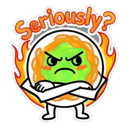 Spaghetti character with arms crossed, angry expression, and 'Seriously?' text. Spaghetti Doodle Pals sticker for expressive chats and social replies.