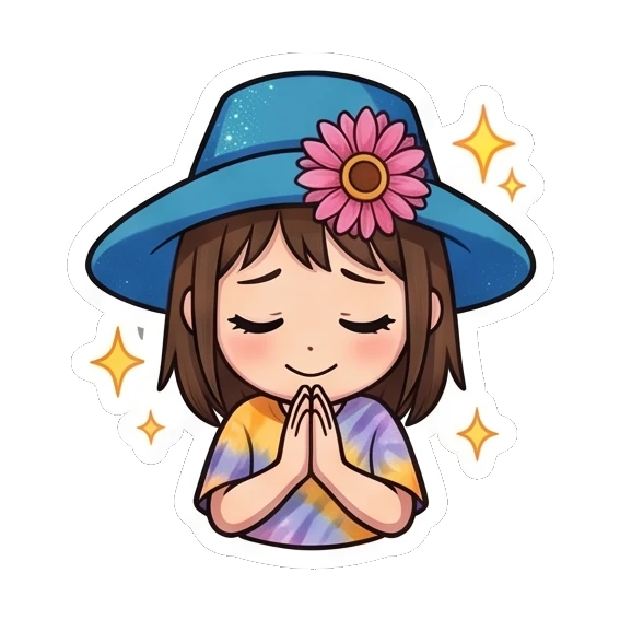Girl in blue hat praying with sparkling background Summer Hat Girl Adventures sticker for expressive chats and social replies.