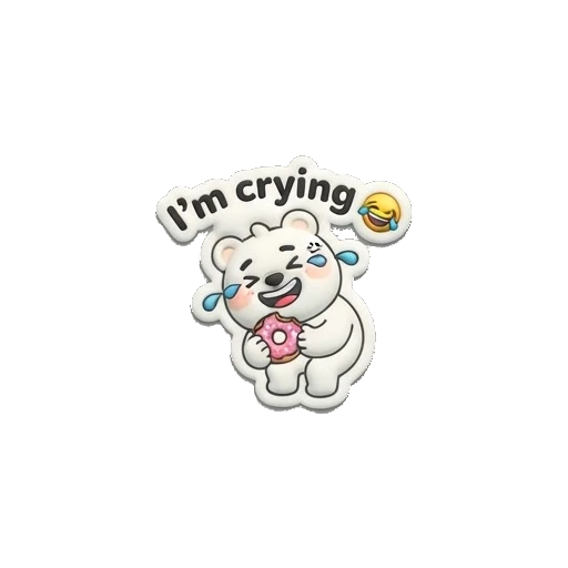 White bear laughing and crying while holding a donut, text says I'm crying. Puffy Donut Bear sticker for expressive chats and social replies.