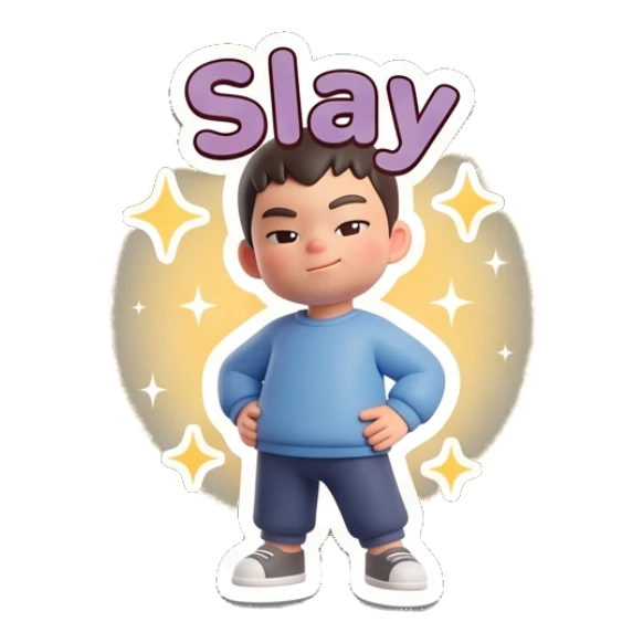 Confident boy standing tall with hands on hips in a slay pose. Little Boy Daily Expressions sticker for expressive chats and social replies.