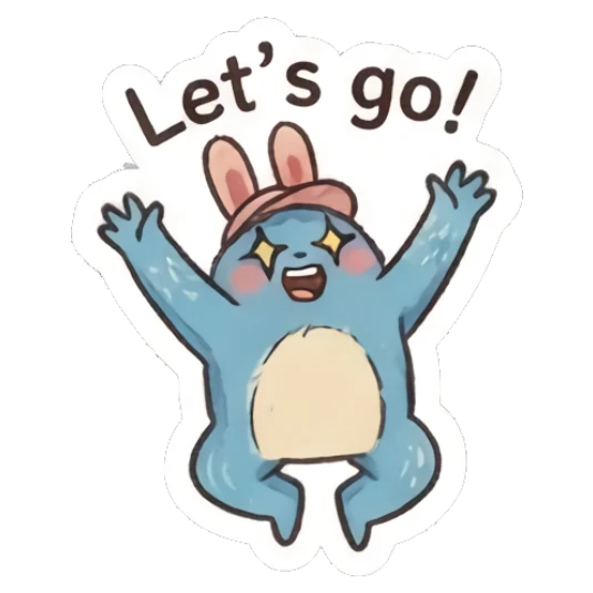 Blue bunny jumping with excitement and text Let's go! Furry Blue Bunny Buddy sticker for expressive chats and social replies.