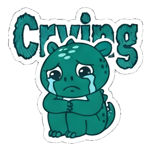 Sad dinosaur hugging itself and crying with text Crying Teal Dino Daily Vibes sticker for expressive chats and social replies.