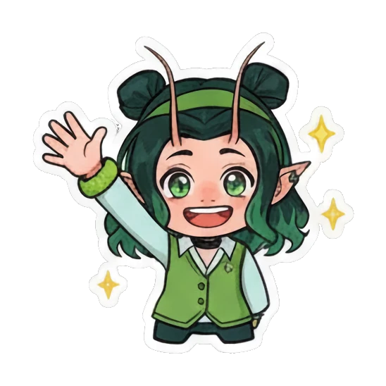Green-haired girl waving hand happily with sparkles Green Mantis Girl Adventures sticker for expressive chats and social replies.