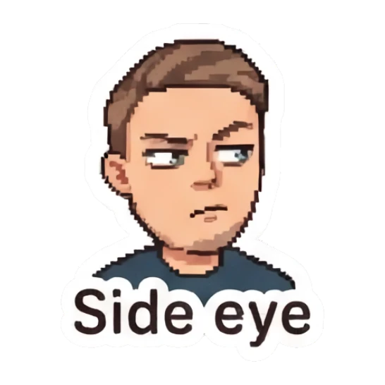 Skeptical man giving a side-eye look. Pixel Guy Daily Vibes sticker for expressive chats and social replies.