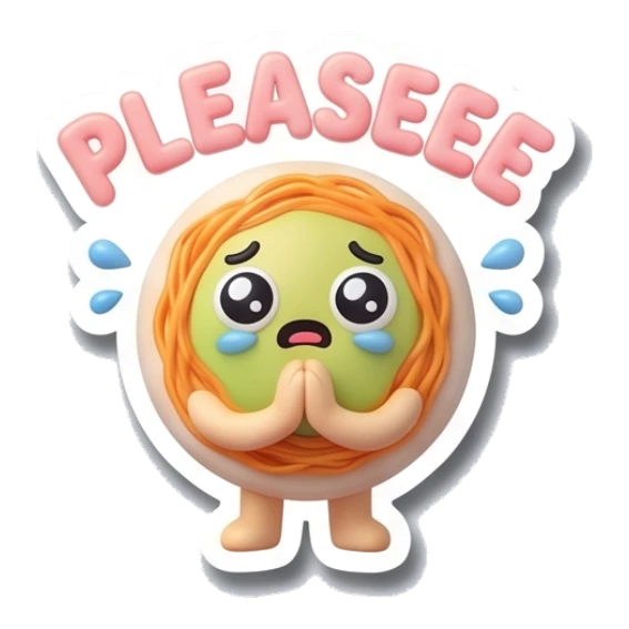 Noodle character pleading with sad eyes with PLEASEEE text Gym Buddy Noodles sticker for expressive chats and social replies.