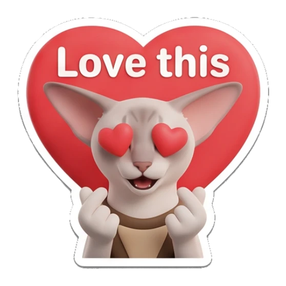 Sphynx cat with heart eyes and finger heart gesture with text Love this Sphynx Cat Moods sticker for expressive chats and social replies.