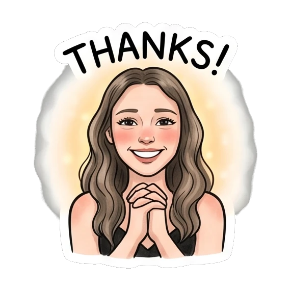 Grateful girl with hands together, text THANKS Daily Moods of a Girl sticker for expressive chats and social replies.