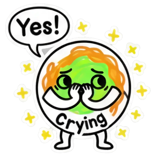 Happy noodle character covering eyes with 'Yes! Crying' text. Spicy Noodle Moods sticker for expressive chats and social replies.