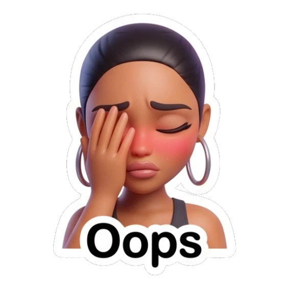 Embarrassed girl covering face with hand, blushing, text says Oops. Modern Chic Girl Expressions sticker for expressive chats and social replies.