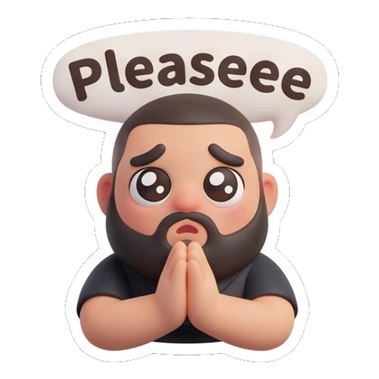 Bearded man begging with hands together in a pleading pose. Bearded Buddy Expressions sticker for expressive chats and social replies.