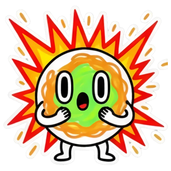 Shocked noodle character with explosion background and 'Wait, what' text. Spicy Noodle Moods sticker for expressive chats and social replies.