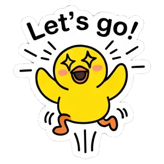 Excited yellow duck jumping with star eyes with text 'Let's go!' Keith Haring Style Yellow Duck sticker for expressive chats and social replies.