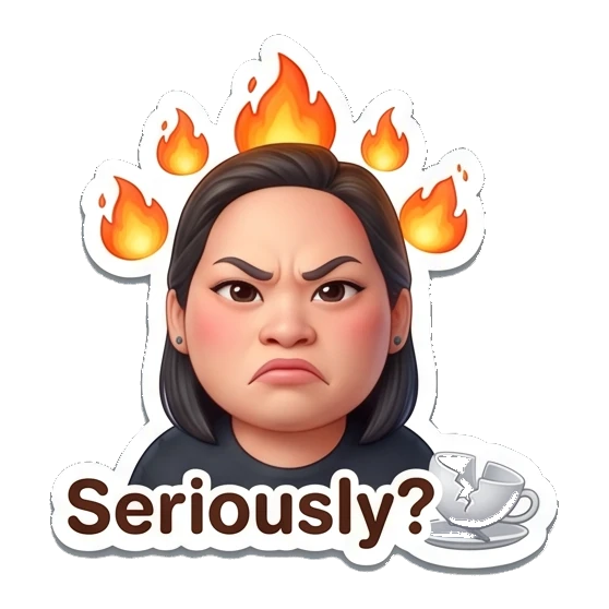 Woman looking angry with fire background, text Seriously? Coffee Lover Daily Expressions sticker for expressive chats and social replies.