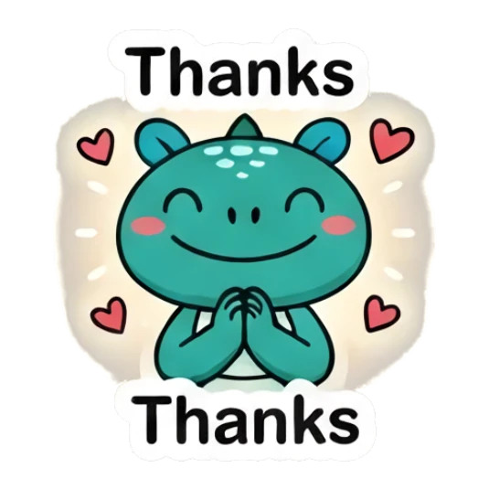 Grateful green dinosaur with hands together and text Thanks Dino Pop Expressions sticker for expressive chats and social replies.