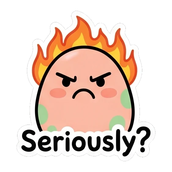 Angry pink egg with fire on head saying Seriously Pink Egg Buddy Daily sticker for expressive chats and social replies.