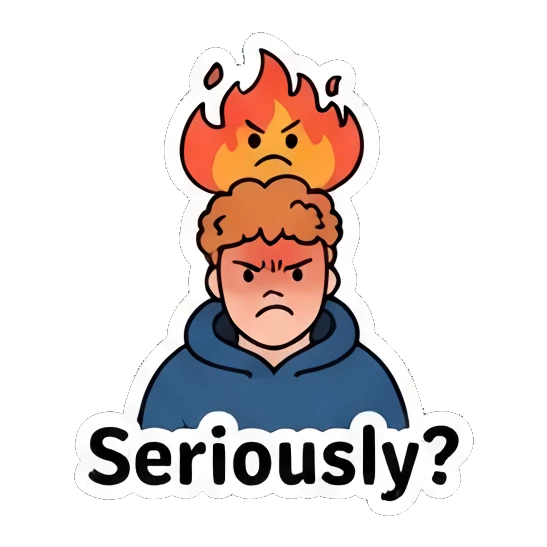 Angry ginger athlete with fire on head with text Seriously Ginger Athlete Vibes sticker for expressive chats and social replies.