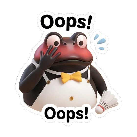 Frog looking embarrassed with a shuttlecock, text Oops! Fancy Frog Sports Club sticker for expressive chats and social replies.