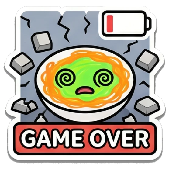 Dizzy spaghetti character in a bowl with 'GAME OVER' text. Spaghetti Buddy Expressions sticker for expressive chats and social replies.