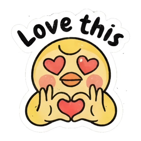 Loving yellow chick making a heart shape with hands, text Love this. Gritty Retro Chick sticker for expressive chats and social replies.