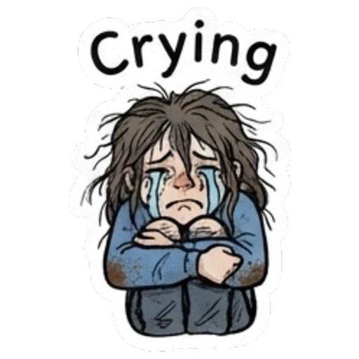 Disheveled girl crying with messy hair and text Crying Daily Moods of a Girl sticker for expressive chats and social replies.