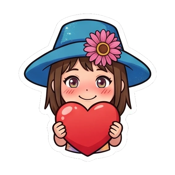 Girl in blue hat holding a large red heart Summer Hat Girl Adventures sticker for expressive chats and social replies.