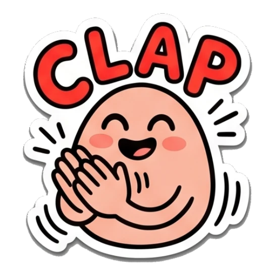 Cheerful egg character clapping hands with text CLAP. Egg-cellent Moods sticker for expressive chats and social replies.