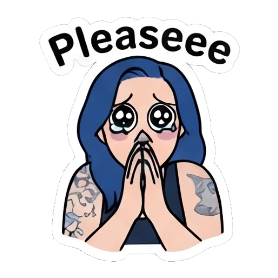 Girl with heart-eyes and hands on cheeks saying Pleaseee. Blue Hair Girl Daily Life sticker for expressive chats and social replies.