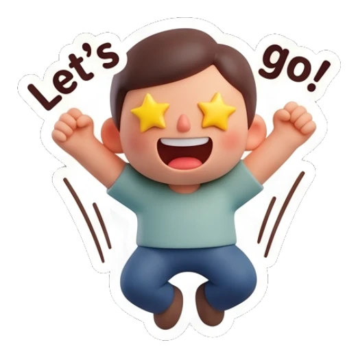 Excited boy jumping with star-shaped eyes saying Let's go. Cute Boy Daily Expressions sticker for expressive chats and social replies.